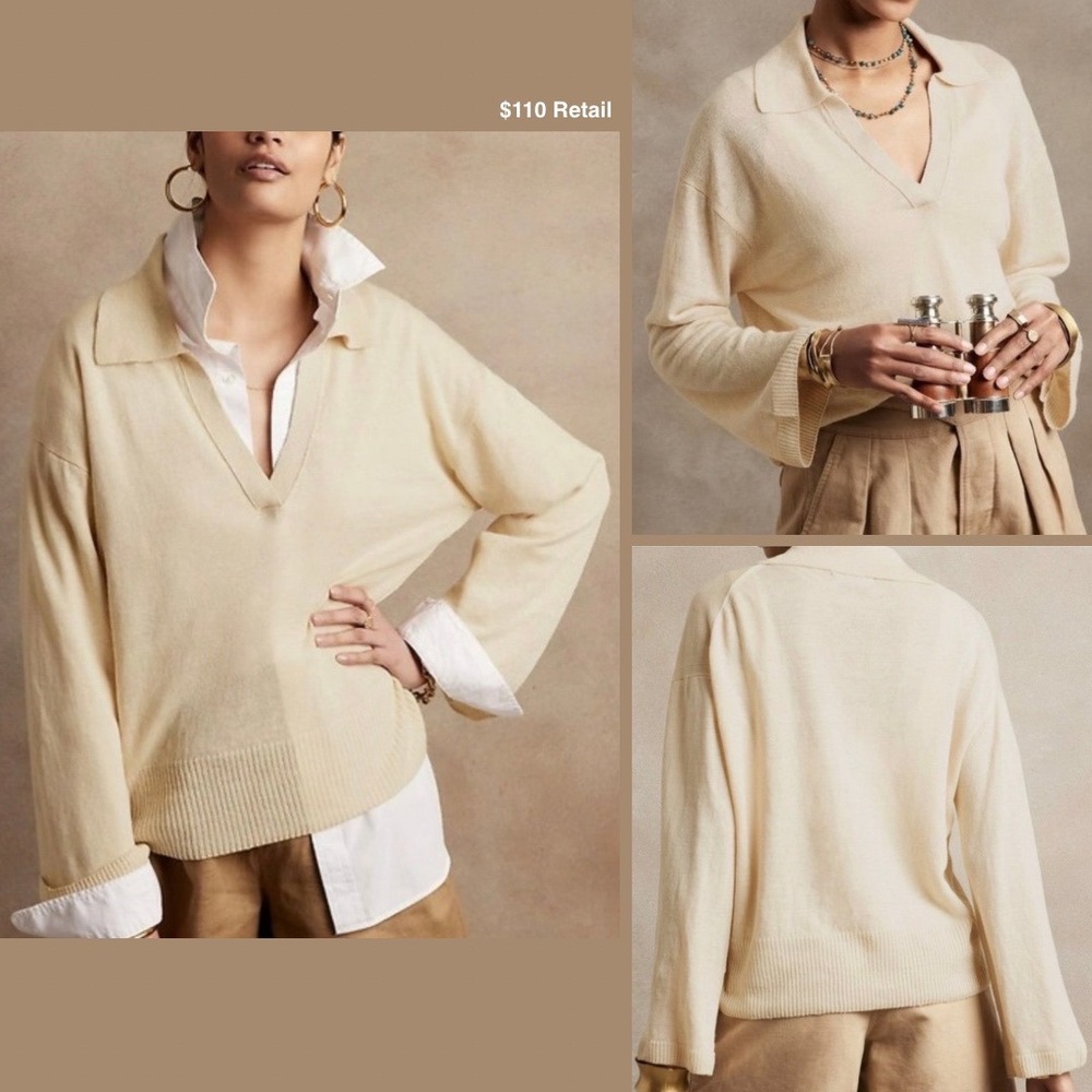 BANANA REPUBLIC Johnny Collar Linen Polo Sweater Size M Cream Coastal Preppy